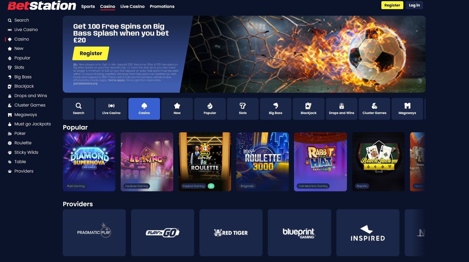 The Betstation casino lobby, showing a promotional banner, game categories and popular games